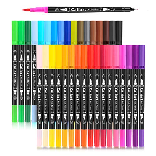 Caliart 34 Double Tip Brush Pens Art Markers, Aesthetic Cute Preppy Stuff School Supplies, Artist Fine & Brush Pen Coloring Markers for Kids Adult Book Cards Drawing Craft Kit Mothers Day Gift for Mom
