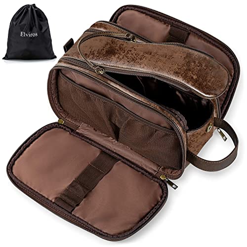 Elviros Toiletry Bag for Men, Large Travel Shaving Dopp Kit Water-resistant Bathroom Toiletries Organizer PU Leather Cosmetic Bags