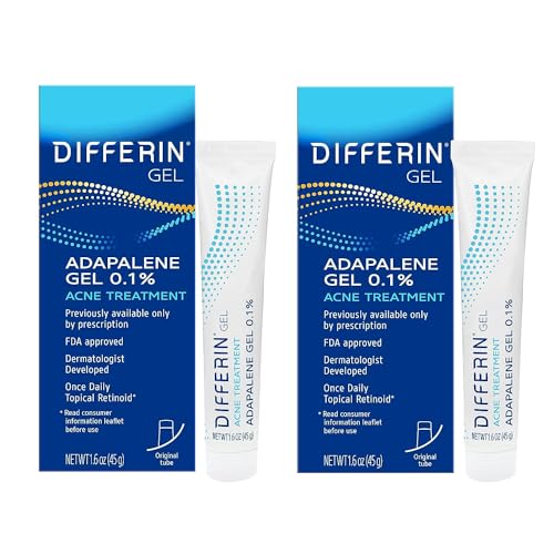 Differin Acne Treatment Gel, 180 Day Supply, Retinoid Treatment for Face with 0.1% Adapalene Gentle Skin Care for Acne Prone Sensitive Skin, 45g Tube, Pack of 2
