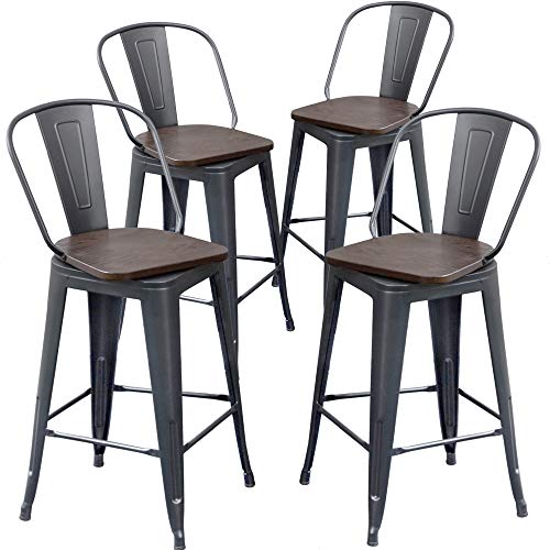 Aklaus Swivel Metal Bar Stools Set of 4 Counter Height Stools Counter Bar Stools with Back Swivel Metal Bar Chairs Wooded Seat 26 Inch Matte Black barstools