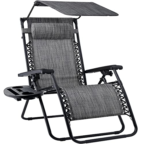 Best Choice Products Folding Zero Gravity Outdoor Recliner Patio Lounge Chair w/Adjustable Canopy Shade, Headrest, Side Accessory Tray, Textilene Mesh - Gray