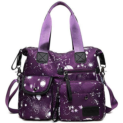 Women Tote Bag with Multiple Pockets & Zipper,Nurse Bags for Work Nursing Bag,Nylon Tote Handbag for Women,Large Shoulder Handbag Purse,Waterproof Galaxy Cross body Bag for Travel (Purple)