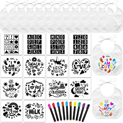 Jutom 38 Pcs DIY Baby Bibs Decorating Kit 14 Bibs 14 Stencils 10 Fabric Markers 2 Ply Feeder Bibs Design Bib for Shower Games(White)