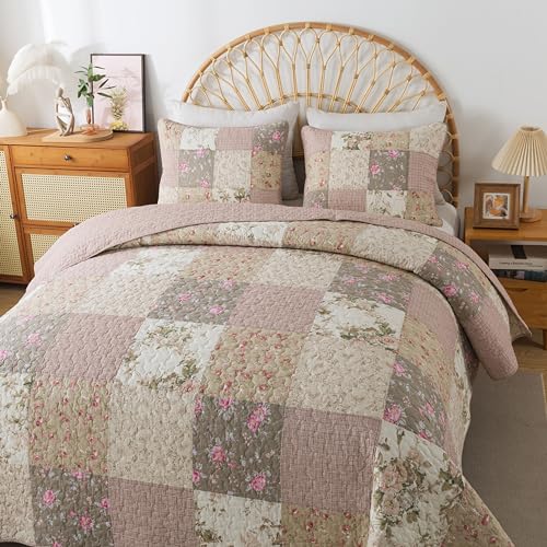 SLPR Secret Garden Patchwork Cotton Pieced Quilt Set - King with 2 Shams, Country Shabby Chic Bedding with Flower Pattern, Pink Floral Farmhouse Quilted Bedspread for All Seasons