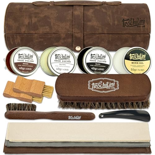 TROCHILINI Shoe Shine Kit - 12PC Set w/Leather Shoe Polish Kit, Mink Oil, Brushes and More for Gentle Care and Cleaning Dad Gifts