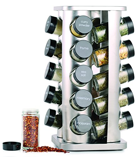 Orii 20 Jar Spice Rack with Spices Included - Revolving Tower Organizer for Kitchen Spices and Seasonings, Free Spice Refills for 5 Years (Stainless Steel)