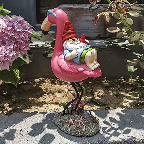 Jy.Cozy Gnome Garden Statue, Funny Gnome Reclining on Flamingo Figurines, Resin Garden Gnomes Fall Decorations Outdoor for Patio Yard Lawn Porch, Ornament Gift