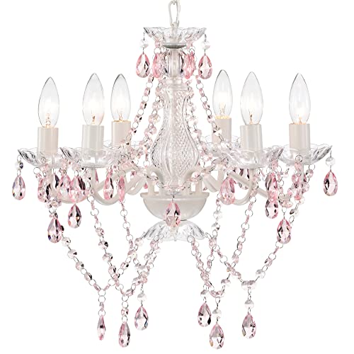 Mr.Color White Chandeliers Pink Crystal Chandelier Lighting Fixture 6 Light Candle Chandelier for Girls Bedroom
