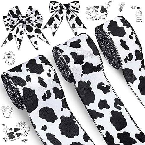 3 Rolls 20 Yards Cow Print Ribbon Wired Edge Burlap White Black Craft Ribbon Cow Spot Pattern Wrapping Ribbons Animal Print Ribbon for Cow Theme Party Favor Christmas Wreath Bow DIY Craft Decoration