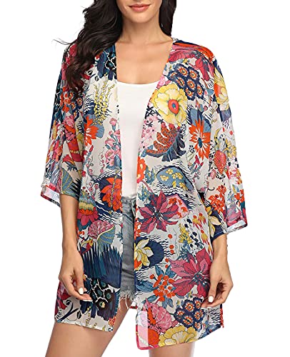 KirGiabo Women's Floral Print Kimonos Loose Tops Half Sleeve Shawl Chiffon Cardigan Blouses Casual Beach Cover Ups,A-colorful,L