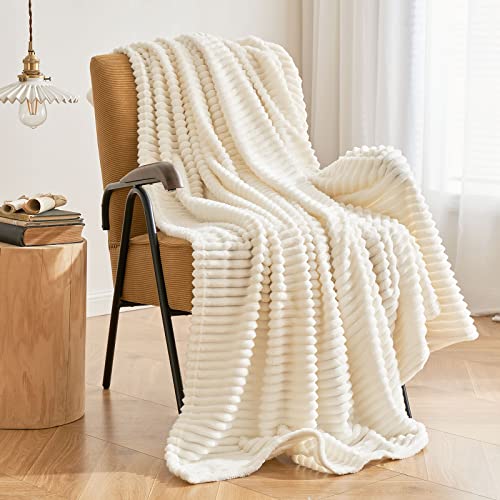 MIULEE Cream White Throw Blanket 3D Ribbed Jacquard Fleece Flannel Velvet Plush Decorative Bed Blanket (Throw, 50' x 60') - Super Soft, Lightweight, Warm and Cozy for Couch Sofa