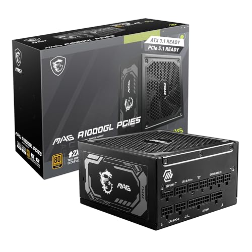 MSI MAG A1000GL PCIE 5 Gaming Power Supply - ATX 3.1 & PCIE 5.1 Ready - Full Modular - 80 Plus Gold Certified 1000W - Compact Size - ATX PSU