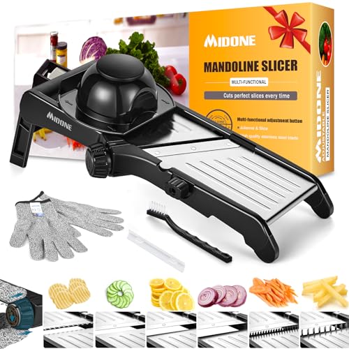 MIDONE Mandoline Slicer - Adjustable Mandoline Slicer with Waffle Fry Cutter, Mandoline Food Slicer for Kitchen, Stainless Steel Mandolin, Potato Slicer with Cut-Resistant Gloves & Cleaning Brush