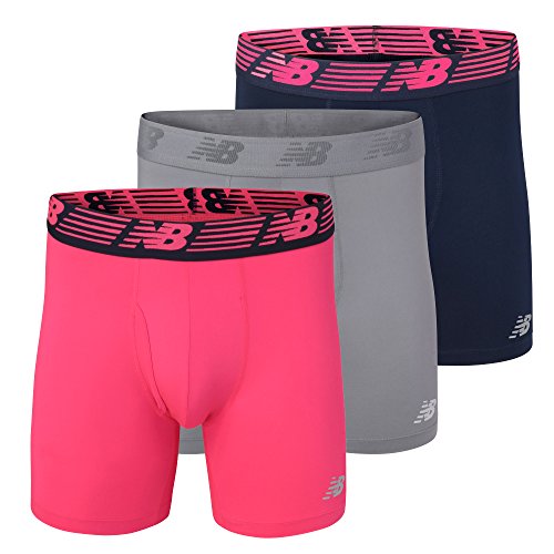 New Balance Men's 6' Boxer Brief Fly Front with Pouch, 3-Pack,Pink Zing/Pigment/Steel, Large (36'-38')