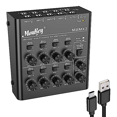 Moukey Audio Mixer Line Mixer, DC 5V, 8-Stereo Ultra, Low Noise 8-Channel for Sub-Mixing, for Small Clubs or Bars, As Guitars, Bass, Keyboards Mixer, 2022 New Version-MAMX3