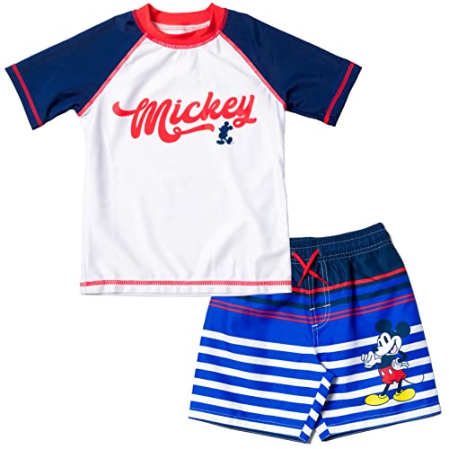 Disney Mickey Mouse Big Boys Rash Guard and Swim Trunks Outfit Set White 10-12