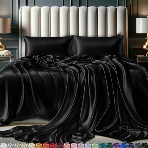 DECOLURE Satin Sheets King Bed Set (4 pcs, 21 colors) - Hotel Luxury Soft Silky Satin Sheet Set with Deep Pockets，Satin Fitted Sheet - Black Satin Sheets, King Size Satin Sheets, Satin Bed Sheets King