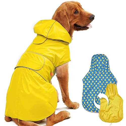 Kimee Dog Raincoat Reversible, Single Side Slicker Poncho Adjustable Waterproof Dog Rain Jacket with Leash Hole/Reflective Stripe Hooded Snowproof Windproof Clothes for Small to 3X-Large Dogs, L