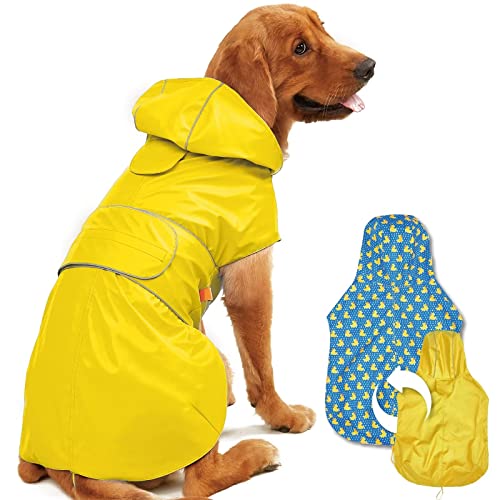 Kimee Dog Raincoat Reversible, Single Side Slicker Poncho Adjustable Waterproof Dog Rain Jacket with Leash Hole/Reflective Stripe Hooded Snowproof Windproof Clothes for Small to 3X-Large Dogs, 2XL