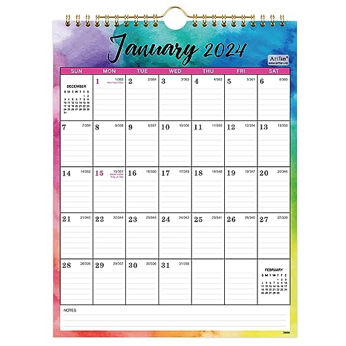 2024 Wall Calendar - 12 Monthly Wall Calendar 2024, 2024 Calendar from January 2024 - December 2024, 11' x 8.5', Twin-Wire Binding - Watercolor Ink