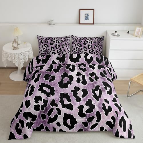 Purple Leopard Print Bedding Comforter Sets Twin,Retro African Cheetah Skin Bedding Set for Bedroom Decoration,Safari Animal Skin West Farmhouse Style with 1 Comforter and 1 Pillowcase Bedroom Decor