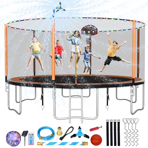 Lyromix 14FT Trampoline for Kids and Adults, Large Outdoor Trampoline with Stakes, Light, Sprinkler, Backyard Trampoline with Basketball Hoop and Net, Capacity for 5-8 Kids and Adults