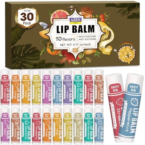 AZEN 30 Pack Lip Balm, Natural Lip Balm Bulk, Lip Care Product, Moisturizing Lip Balm for dry cracked lips - 10 Flavors