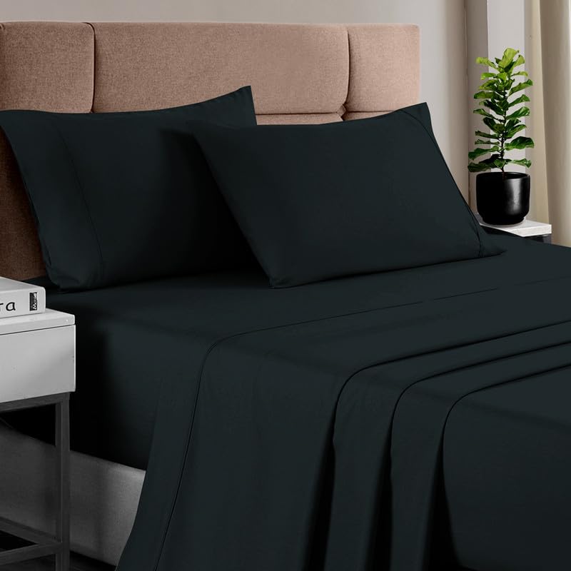 Pizuna Cotton Full Sheet Set Black, 400 Thread Count 100% Long Staple Combed Cotton Sateen Cooling Sheet & Pillowcase Set, Deep Pocket Sheets fits 15 inch (Cotton Bed Sheets Set - 4PC)