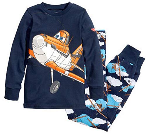 Mengmeng Aircraft Boys Long Pajamas Set 2 Piece Kids 100% Cotton Clothes, Blue, 6 Tall