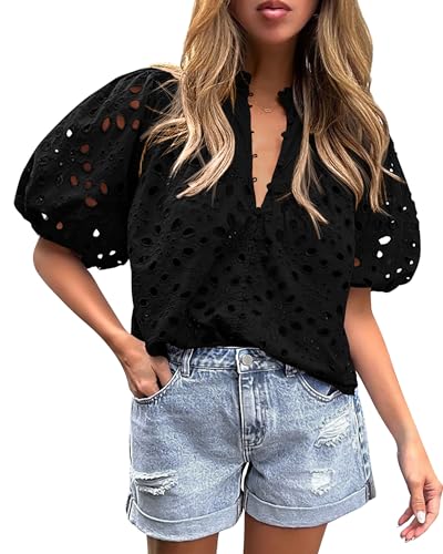 PRETTYGARDEN Women's Summer Tops Dressy Casual Short Lantern Sleeve V Neck Buttons Hollow Out Lace Embroidered Blouses Shirts (Black,Small)