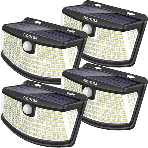 Aootek New Solar Motion Sensor Lights 120 LEDs with Lights Reflector,270° Wide Angle, IP65 Waterproof, Step Lights for Front Door, Yard, Garage, Deck (4 Pack)