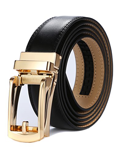 Tonywell Mens Leather Ratchet Belts with Open Buckle Perfect Fit Dress Belt 30mm Wide (One Size:32'-45' Waist, Black Leather & Gold Metal Buckle)
