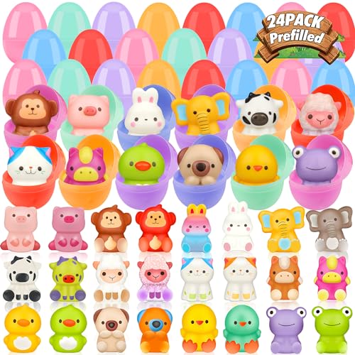 Prefilled Easter Eggs with Animal Squishy Toys,24 Pack Easter Eggs Filled for Egg Hunt,Easter Party Favors for Kids,Easter Classroom Prizes