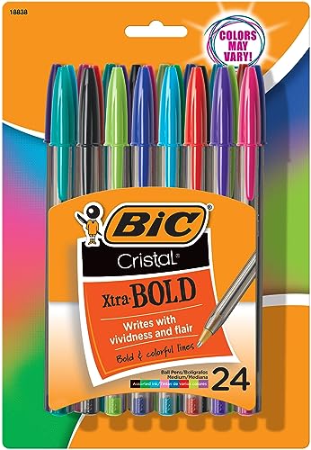 BIC Cristal Xtra Bold Ballpoint Pens, Bold Point (1.6mm) For Vivid And Dramatic Lines, Assorted Colors, 24-Count Pack