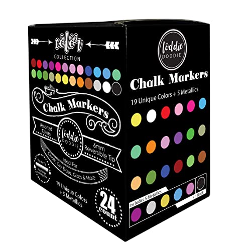 Loddie Doddie Liquid Chalk Markers | Dust Free Chalk Pens - Perfect for Chalkboards, Blackboards, Windows and Glass | 6mm Reversible Bullet & Chisel Tip Erasable Ink (Pack of 24)