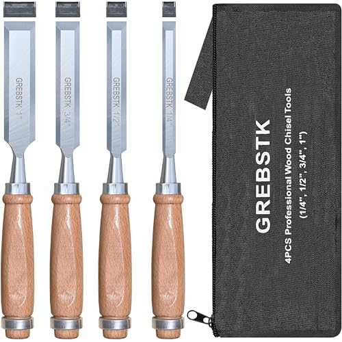 GREBSTK Professional Wood Chisel Set for Woodworking, Sturdy Chrome Vanadium Steel Chisel with Oxford Bag, 4pcs(1/4', 1/2', 3/4', 1'), Length: 9.5'