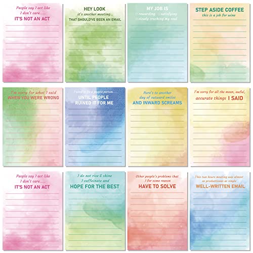 Funny Notepads with Sayings Sticky Funny Office Supplies to Do List Funny Work Notepad Assorted Notepad for Workers, 12 Designs, 3 x 3.93 Inch (Watercolor Style)