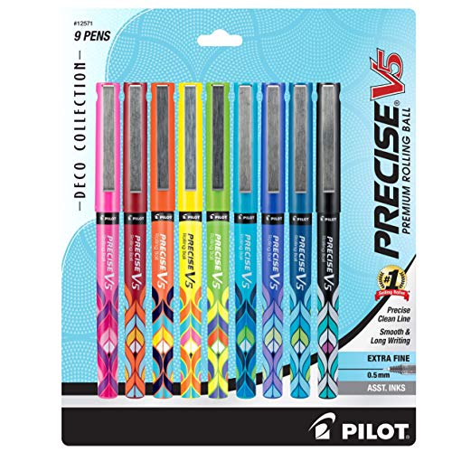 Pilot, Precise V5 Deco Collection, Capped Liquid Ink Rolling Ball Pens, Extra Fine Point 0.5 mm, Assorted Colors, Pack of 9