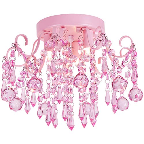 Q&S Mini Chandelier Crystal,Semi Flush Mount Pink Girl Chandelier, Small Crystal Ceiling Light Fixture Bedroom Bathroom Closet Nursery 3 Lights
