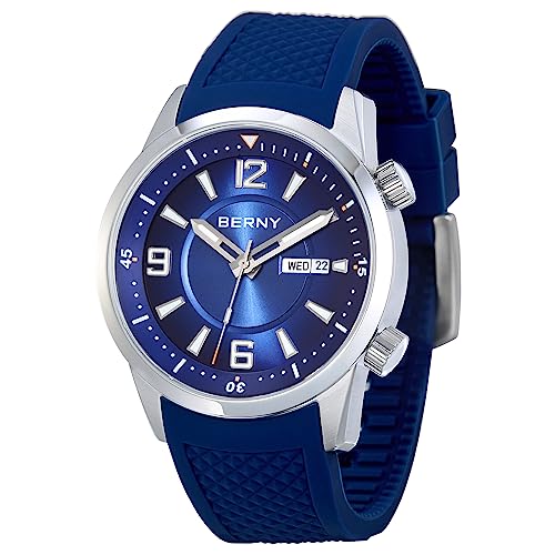 BERNY Dive Watch for Men Automatic Mechanical Wristwatch with Screw-Down Crown 20ATM Waterproof HV600 Hardness Sapphire Glass Silicone Band Super Luminous Mens Watches, Blue