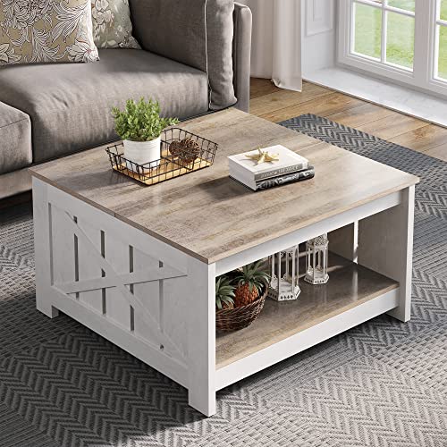 YITAHOME Coffee Table Farmhouse Coffee Table with Storage Rustic Wood Cocktail Table,Square Coffee Table for Living Meeting Room with Half Open Storage Compartment,Grey Wash