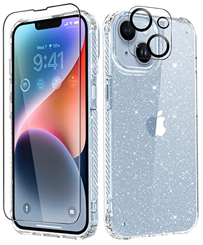 MIODIK for iPhone 14 Plus Case with Screen Protector + Camera Lens Protector, [Non-Yellowing] Clear Glitter Protective Shockproof Phone Case for Women Girls, 6.7 Inch - Sparkle Clear