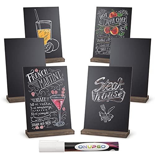 ONUPGO Mini Chalkboard Signs, Double Side 6 x 9 Inch Vintage Wooden Tabletop Chalkboard Sign with Base Stands - Set of 6, Decorative Mini Chalkboard Table Signs Small Message Chalk Board Sign