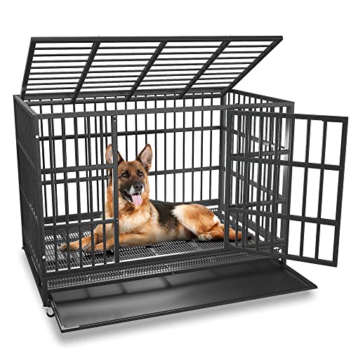 BOLDBONE 48/42/38 inch Heavy Duty Indestructible and Escape-Proof Dog Crate Cage Kennel for Large Dogs, High Anxiety Dog Crate with Removable Crate Trays, Wheels and Double Door, Extra Large XL XXL