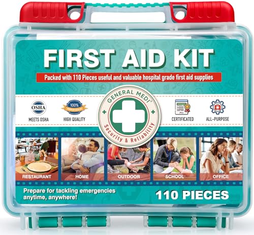 General Medi 110 Pieces Small First Aid Kit - HardCase First Aid Box - Contains Premium Medical Supplies for Travel, Home, Office, Vehicle, Camping, Workplace & Outdoor