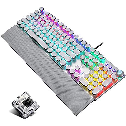CC MALL Retro Steampunk Mechanical Gaming Keyboard, Metal Panel, Black Switches, LED Backlit,USB Wired,Hand Rest,Typewriter-Style Round Keycaps,for Laptop Desktop PC(2088-White)