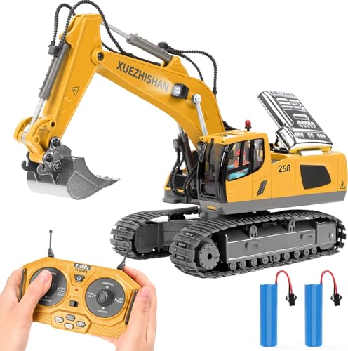 KidsFaves Remote Control Excavator Toys for Boys Turns 680-degree 2 Batteries Metal Shovel Lights/Sounds Construction Toys Birthday Gifts Boy Toys for 3 4 5 6 7 8 Years Old