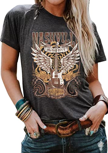 Music City Shirt for Women Country Music T-Shirt Vintage Guitar Graphic Country Concert Tee Tops (Large, Gray-1)