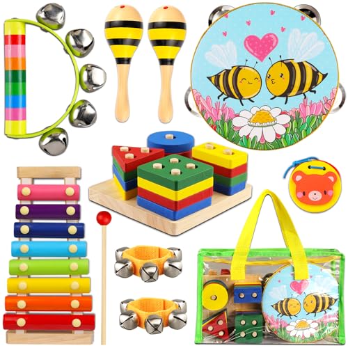 DIFFYBOX Toddler Musical Instruments for Kids,Baby Musical Toys Preschool Educational Wooden Percussion Instruments Toddler Toys with Bag for Boys and Girls