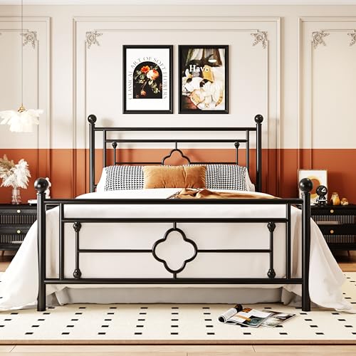 Allewie Queen Size Metal Platform Bed Frame with Victorian Vintage Headboard and Footboard/Mattress Foundation/Under Bed Storage/No Box Spring Needed/Noise-Free/Easy Assembly, Black